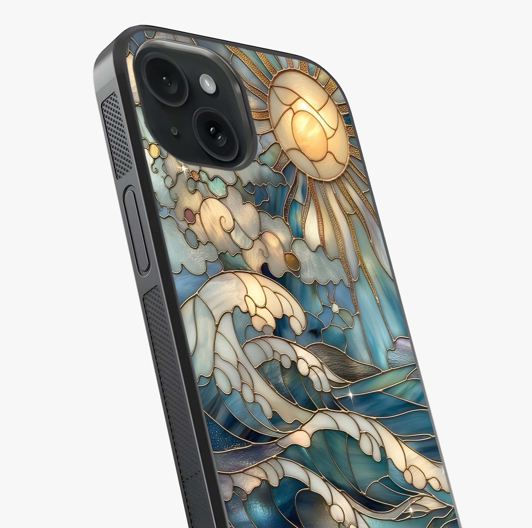 Oceanic Stained Printed Glass Case captured at a warm angle highlighting gloss, texture and premium glass finish.