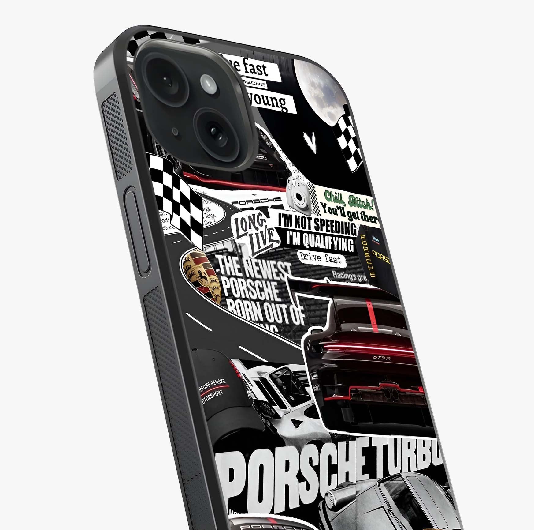 Porsche Racing Collage Glass Case captured at a warm angle highlighting gloss, texture and premium glass finish.