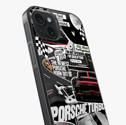 Porsche Racing Collage Glass Case captured at a warm angle highlighting gloss, texture and premium glass finish.