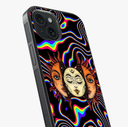 Psychedelic Sun Glass Case captured at a warm angle highlighting gloss, texture and premium glass finish.