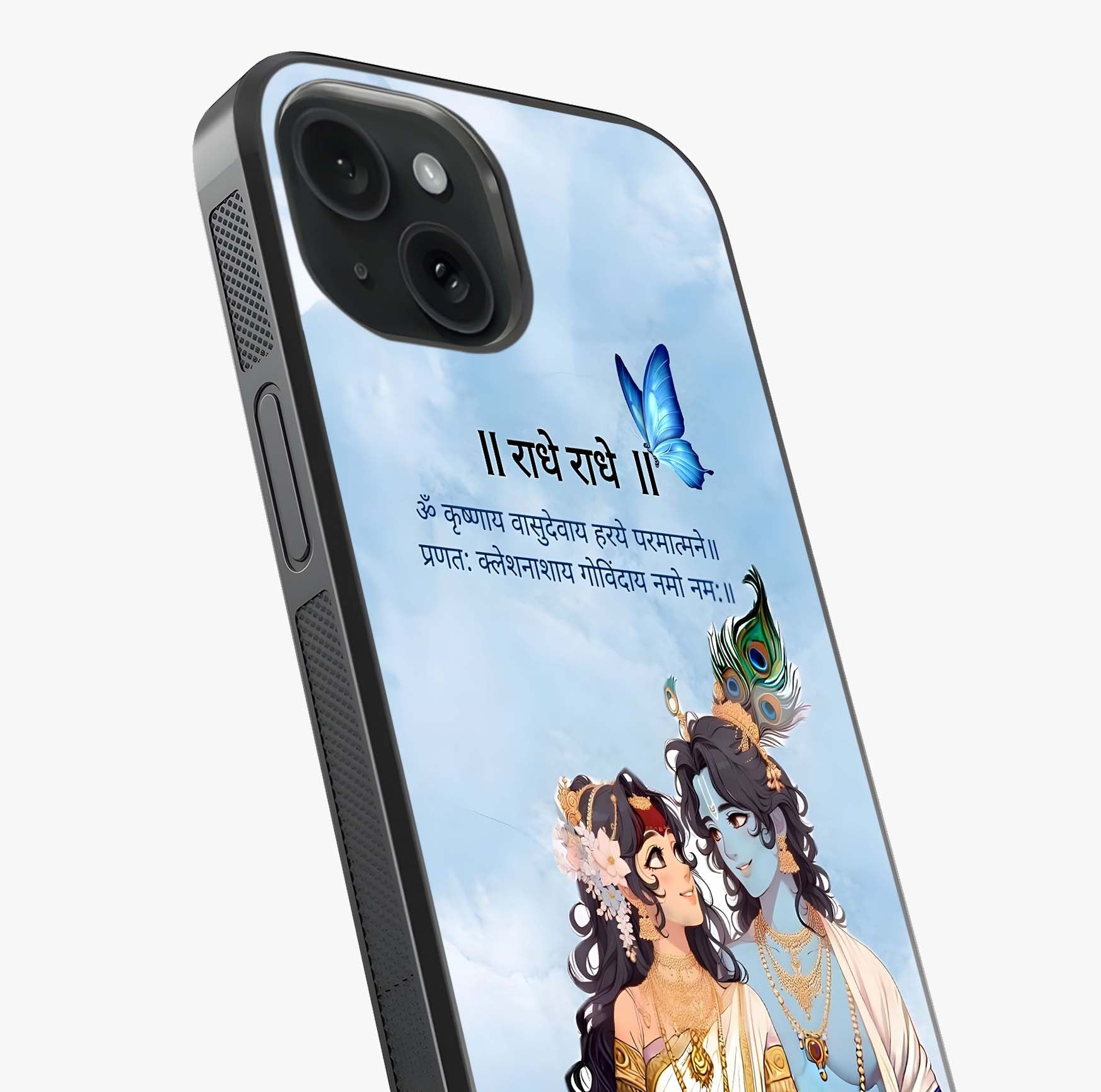 Radha Krishna Eternal Glass Case captured at a warm angle highlighting gloss, texture and premium glass finish.