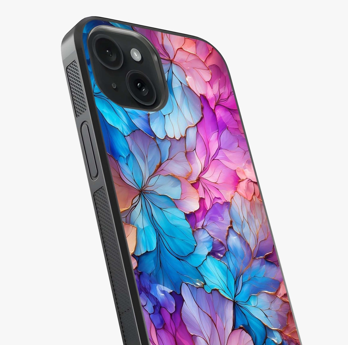 Radiant Floral Whirl Glass Case captured at a warm angle highlighting gloss, texture and premium glass finish.