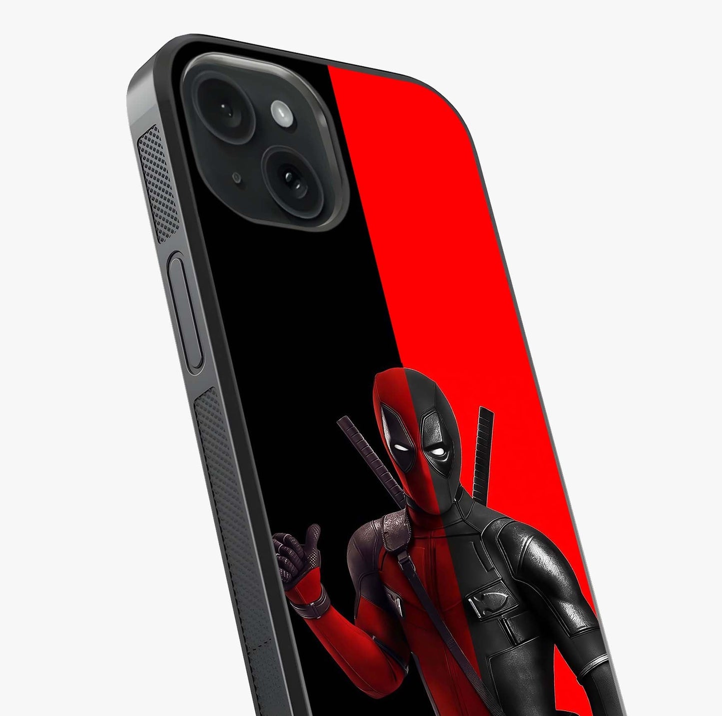 Red & Black Deadpool Theme Glass Case captured at a warm angle highlighting gloss, texture and premium glass finish.
