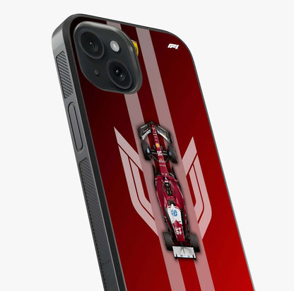 Red Ferrari F1 Vertical Glass Case captured at a warm angle highlighting gloss, texture and premium glass finish.
