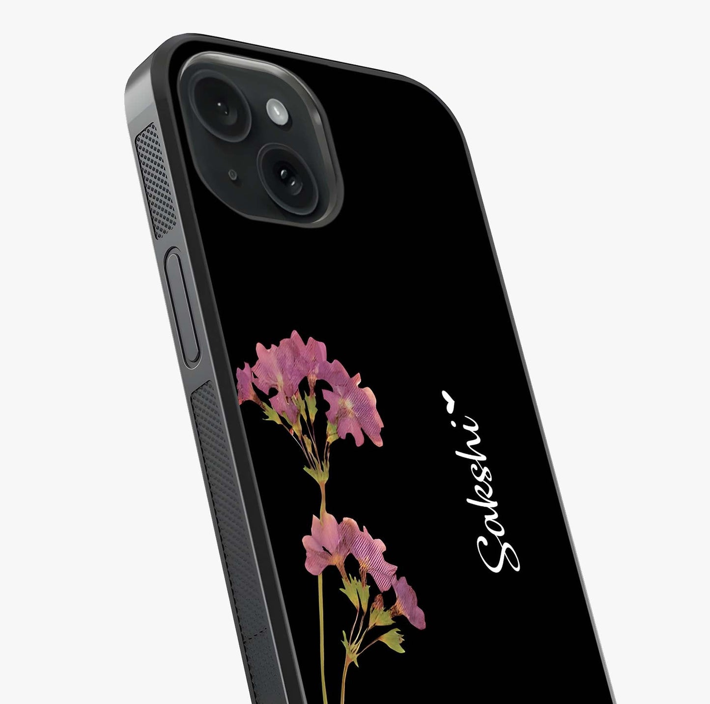 Riching Lavender Flower Custom Name Glass Case captured at a warm angle highlighting gloss, texture and premium glass finish.