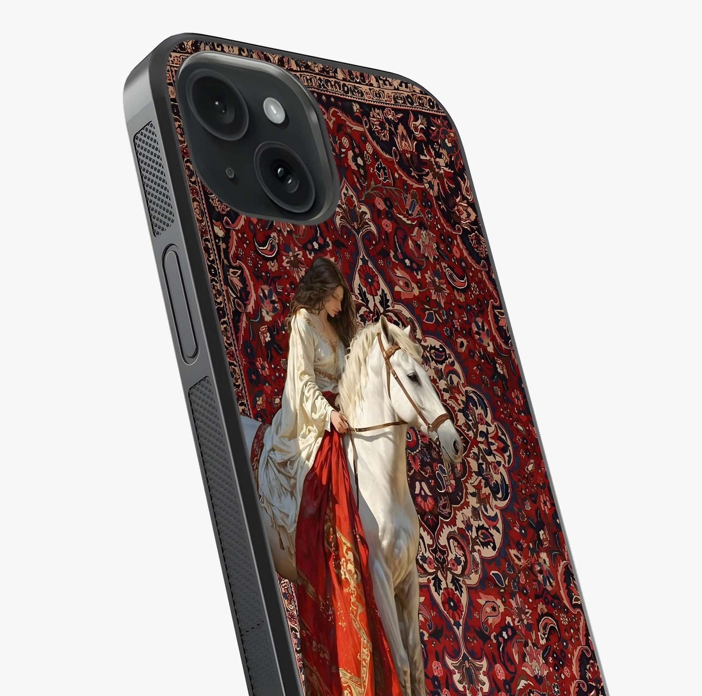 Royal Rider Tapestry Glass Case captured at a warm angle highlighting gloss, texture and premium glass finish.