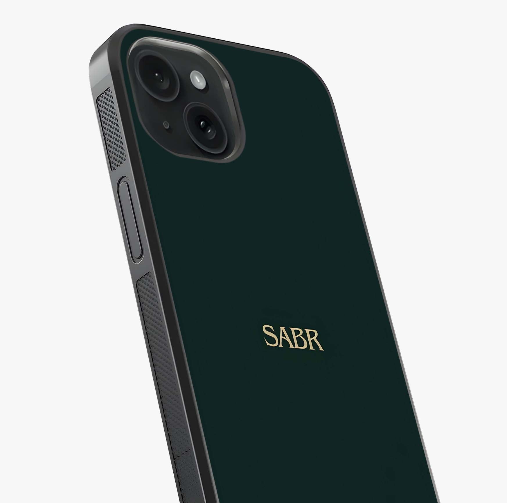 Sabr Minimal Patience Glass Case captured at a warm angle highlighting gloss, texture and premium glass finish.