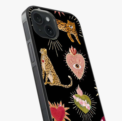 Sacred Jungle Heart Glass Case captured at a warm angle highlighting gloss, texture and premium glass finish.