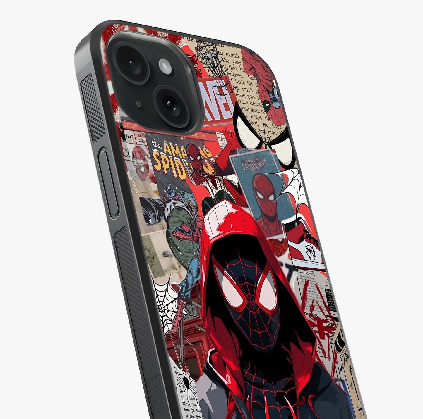 Spider Collage Street Glass Case captured at a warm angle highlighting gloss, texture and premium glass finish.