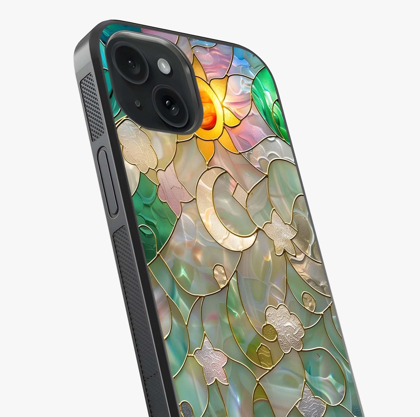 Stained Sunrise Glow Glass Case captured at a warm angle highlighting gloss, texture and premium glass finish.