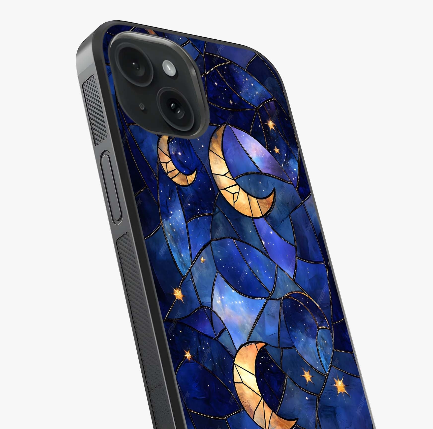 Starlit Sky Tapestry Glass Case captured at a warm angle highlighting gloss, texture and premium glass finish.