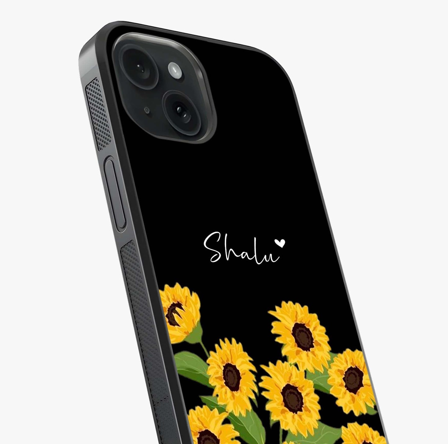 Sunflower Chic Mood Custom Name Glass Case captured at a warm angle highlighting gloss, texture and premium glass finish.