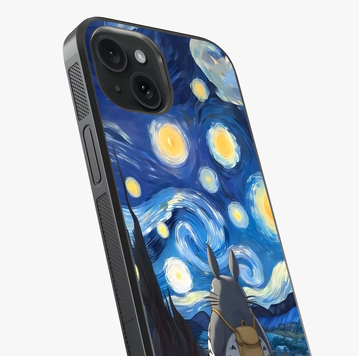 Totoro In Van Gogh Art Glass Case captured at a warm angle highlighting gloss, texture and premium glass finish.