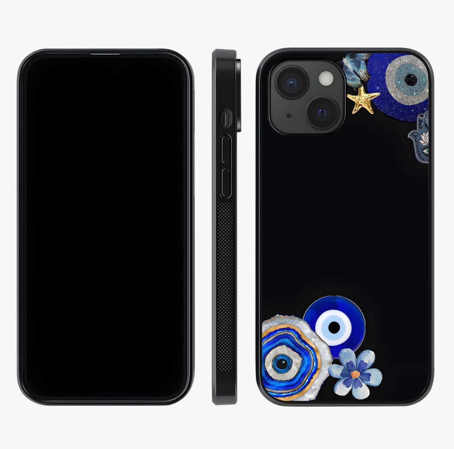 Aesthetic Blue Evil Eye Glass Case displayed upright for full design visibility and premium finish.