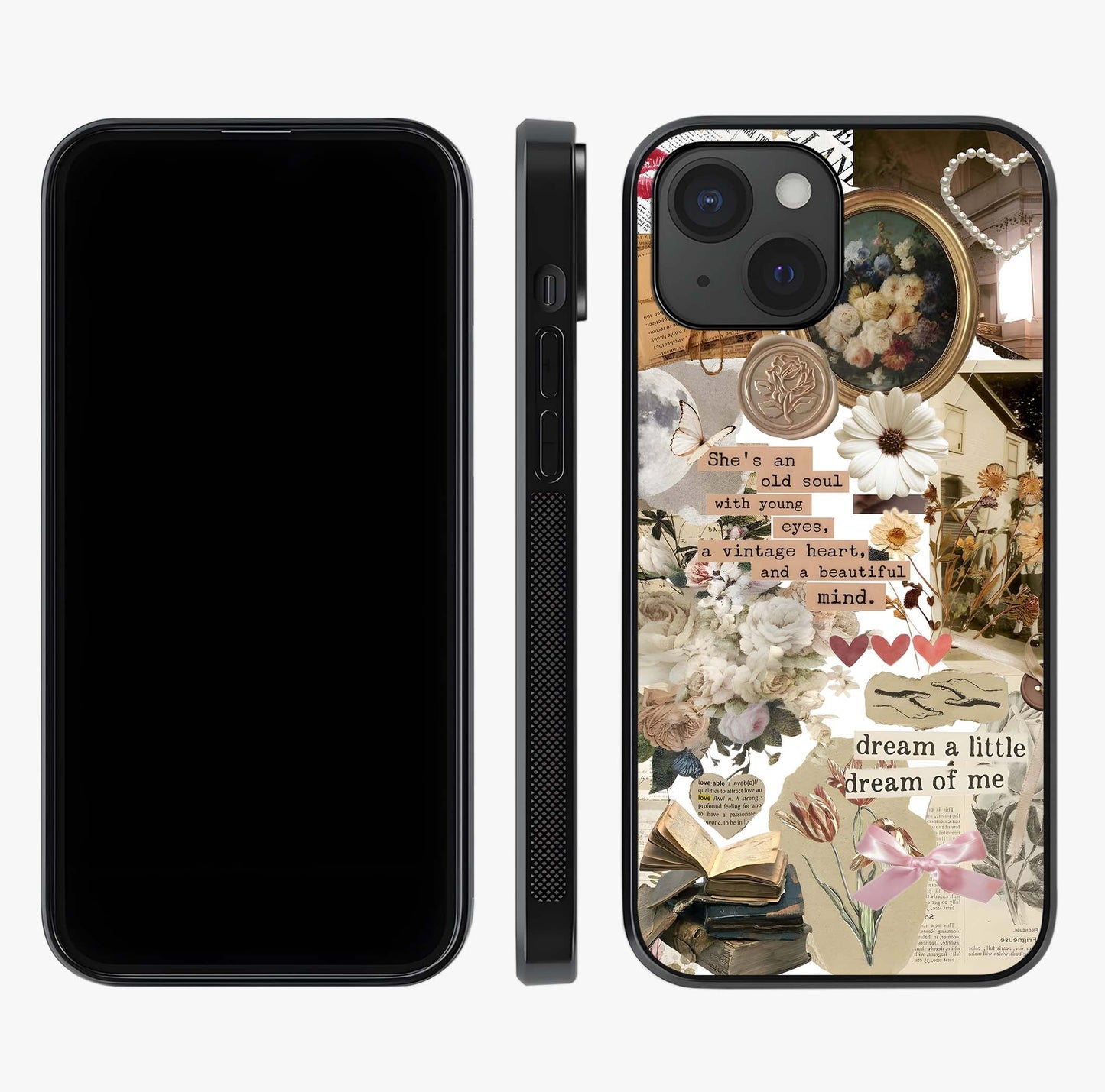 Aesthetic Brown Vintage Collage Glass Case displayed upright for full design visibility and premium finish.