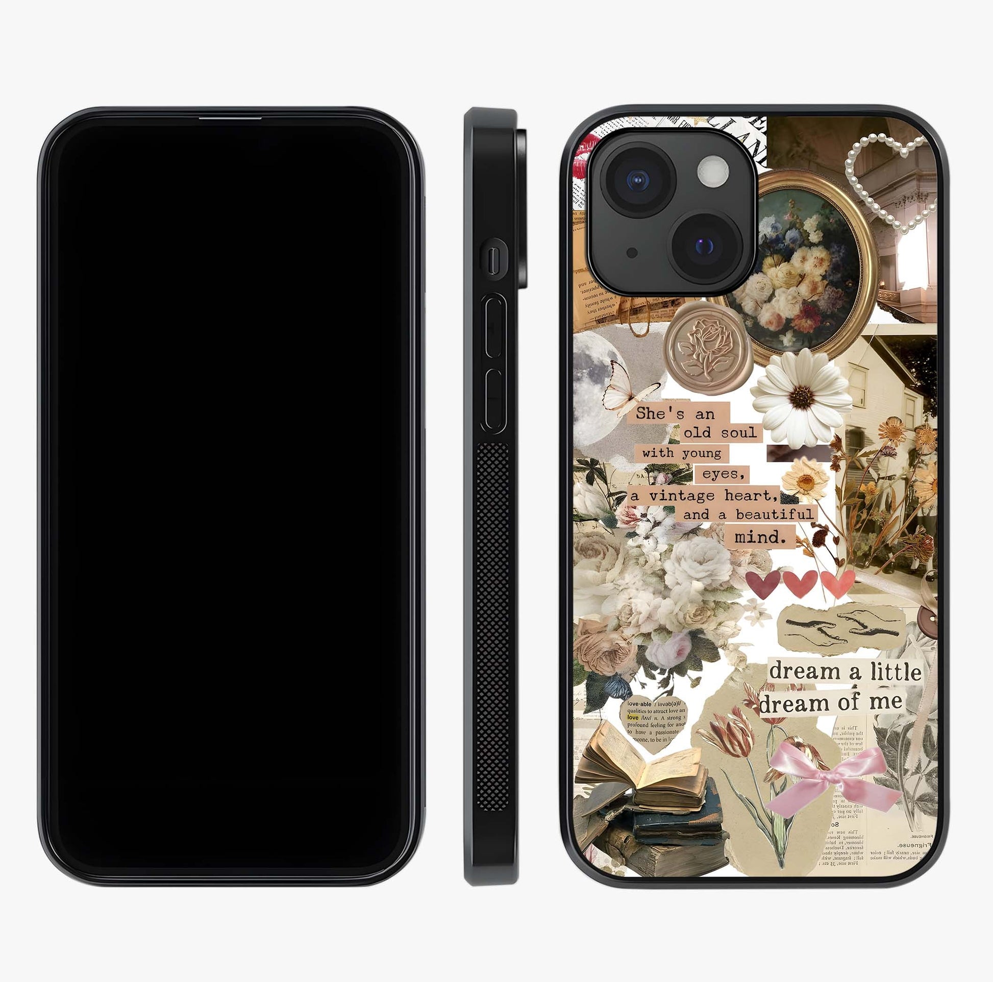 Aesthetic Brown Vintage Collage Glass Case displayed upright for full design visibility and premium finish.