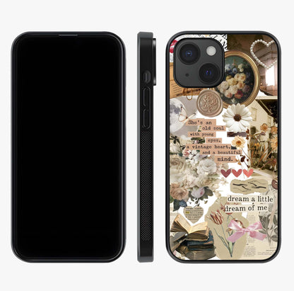 Aesthetic Brown Vintage Collage Glass Case displayed upright for full design visibility and premium finish.