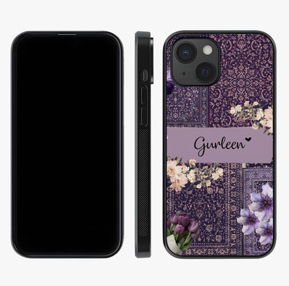 Antique Floral Whisper Custom Name Glass Case displayed upright for full design visibility and premium finish.
