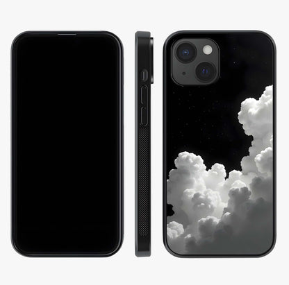 Black Background With White Cloud Glass Case displayed upright for full design visibility and premium finish.