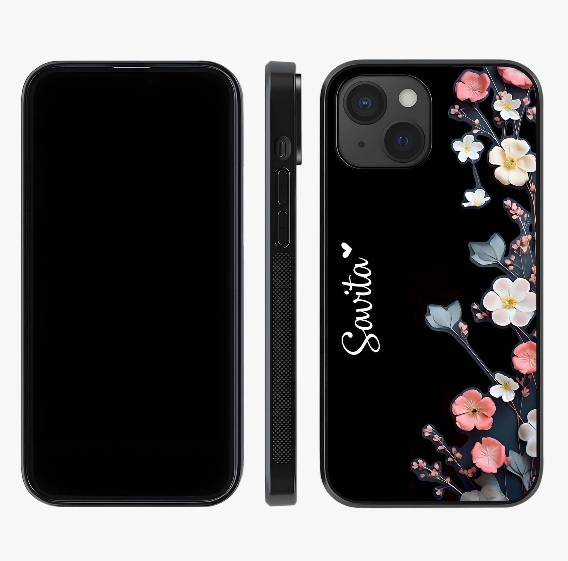 Black Elegance Floral Custom Name Glass Case displayed upright for full design visibility and premium finish.