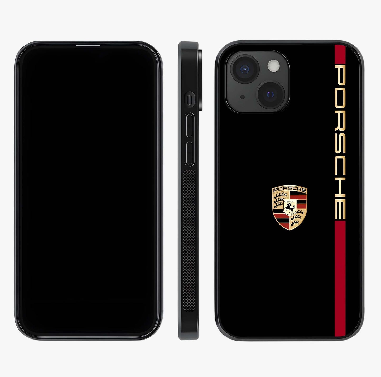Black Minimal Porsche Glass Case displayed upright for full design visibility and premium finish.