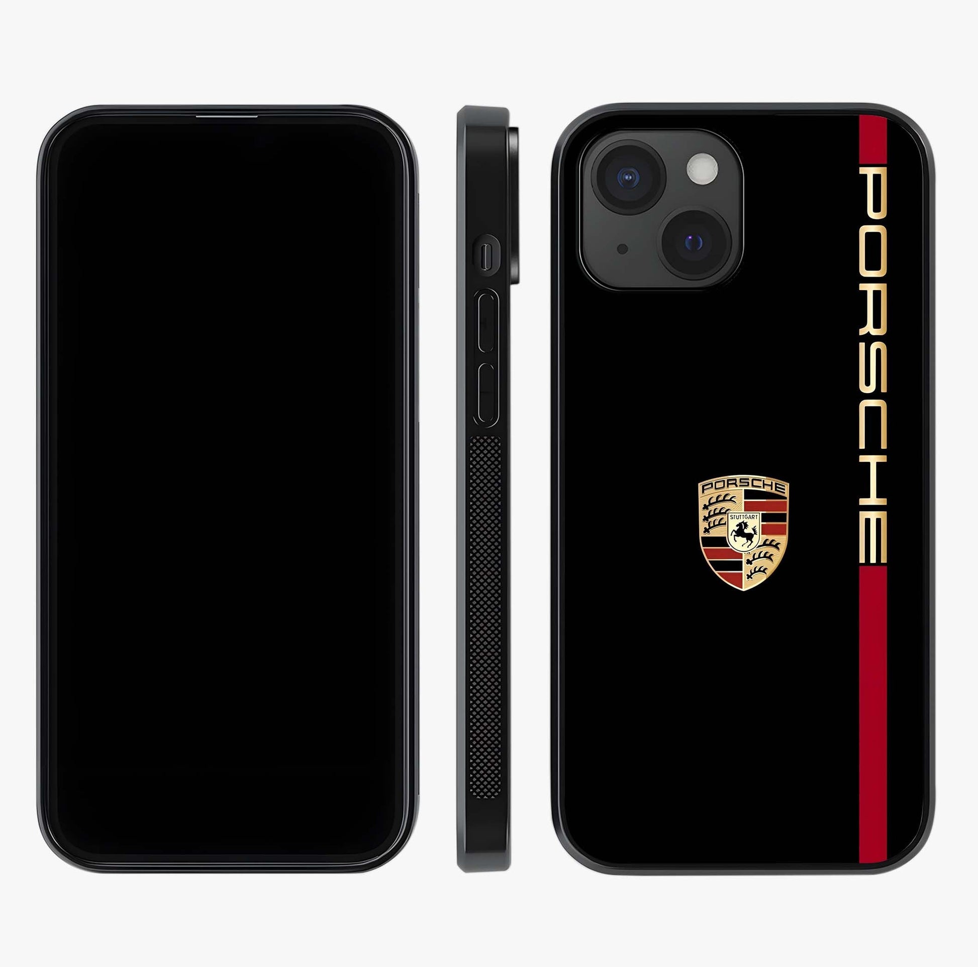 Black Minimal Porsche Glass Case displayed upright for full design visibility and premium finish.