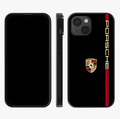 Black Minimal Porsche Glass Case displayed upright for full design visibility and premium finish.