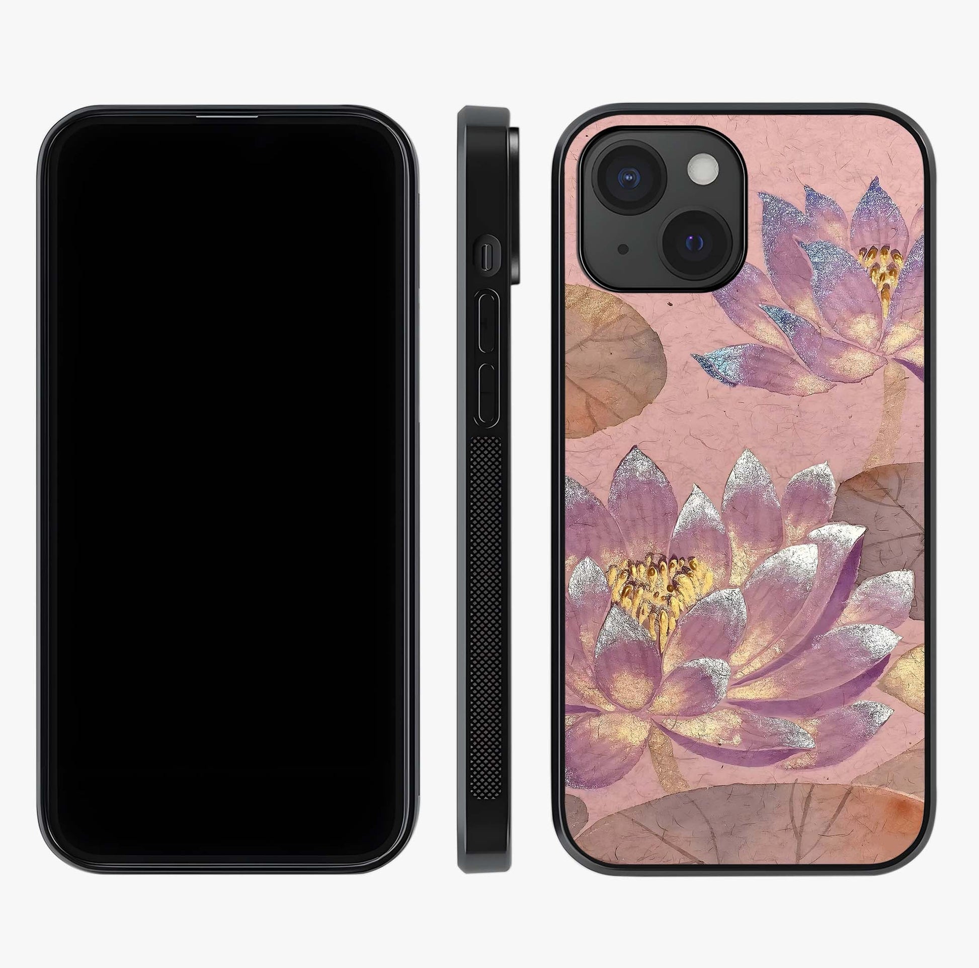 Blossom Mist Lotus Glass Case displayed upright for full design visibility and premium finish.
