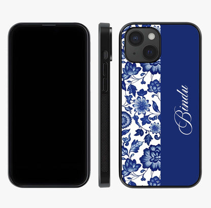 Blue Vintage Floral Pattern Glass Case displayed upright for full design visibility and premium finish.