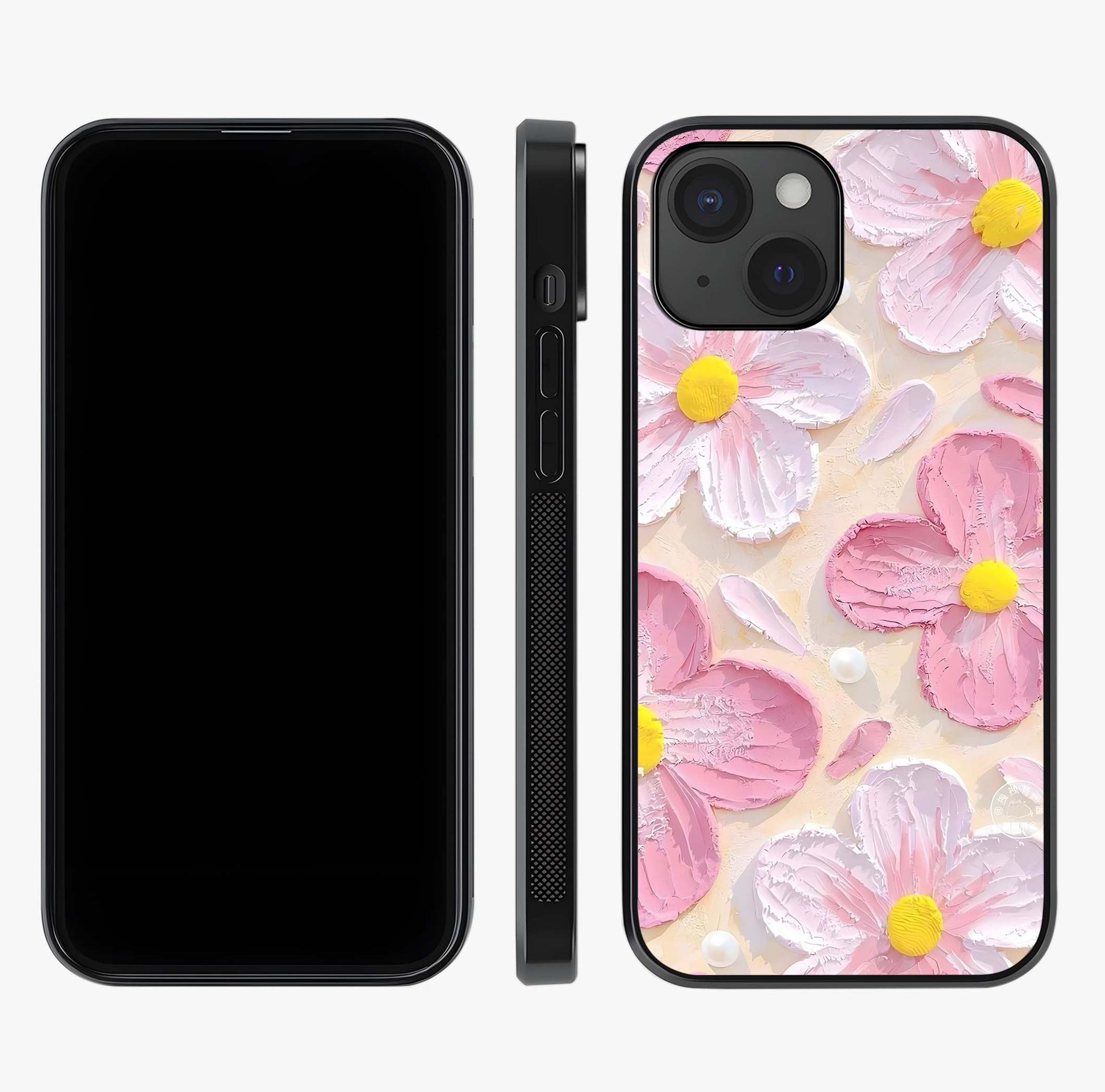 Blush Bloom Texture Glass Case displayed upright for full design visibility and premium finish.