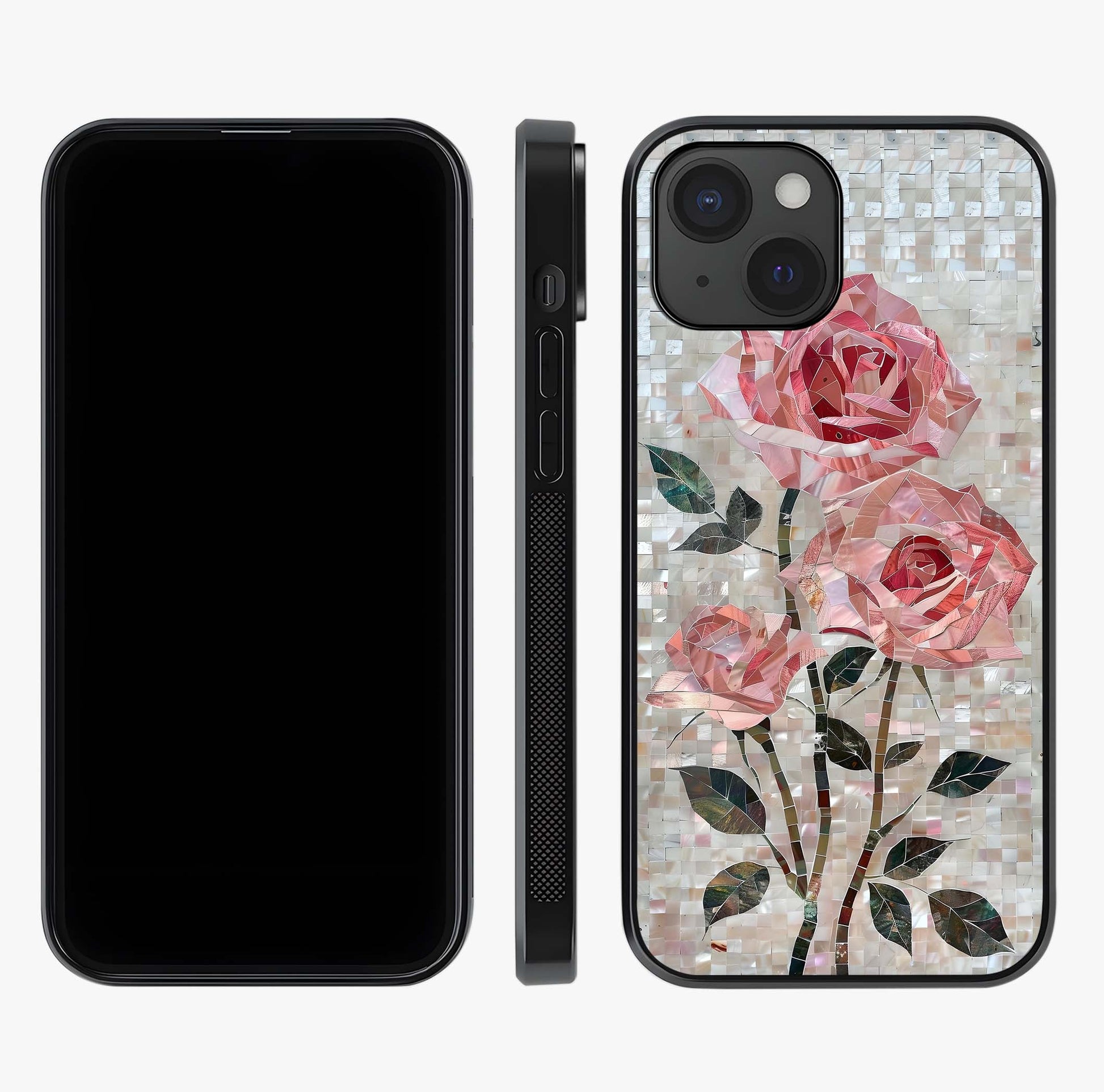 Blush Mosaic Bloom Glass Case displayed upright for full design visibility and premium finish.