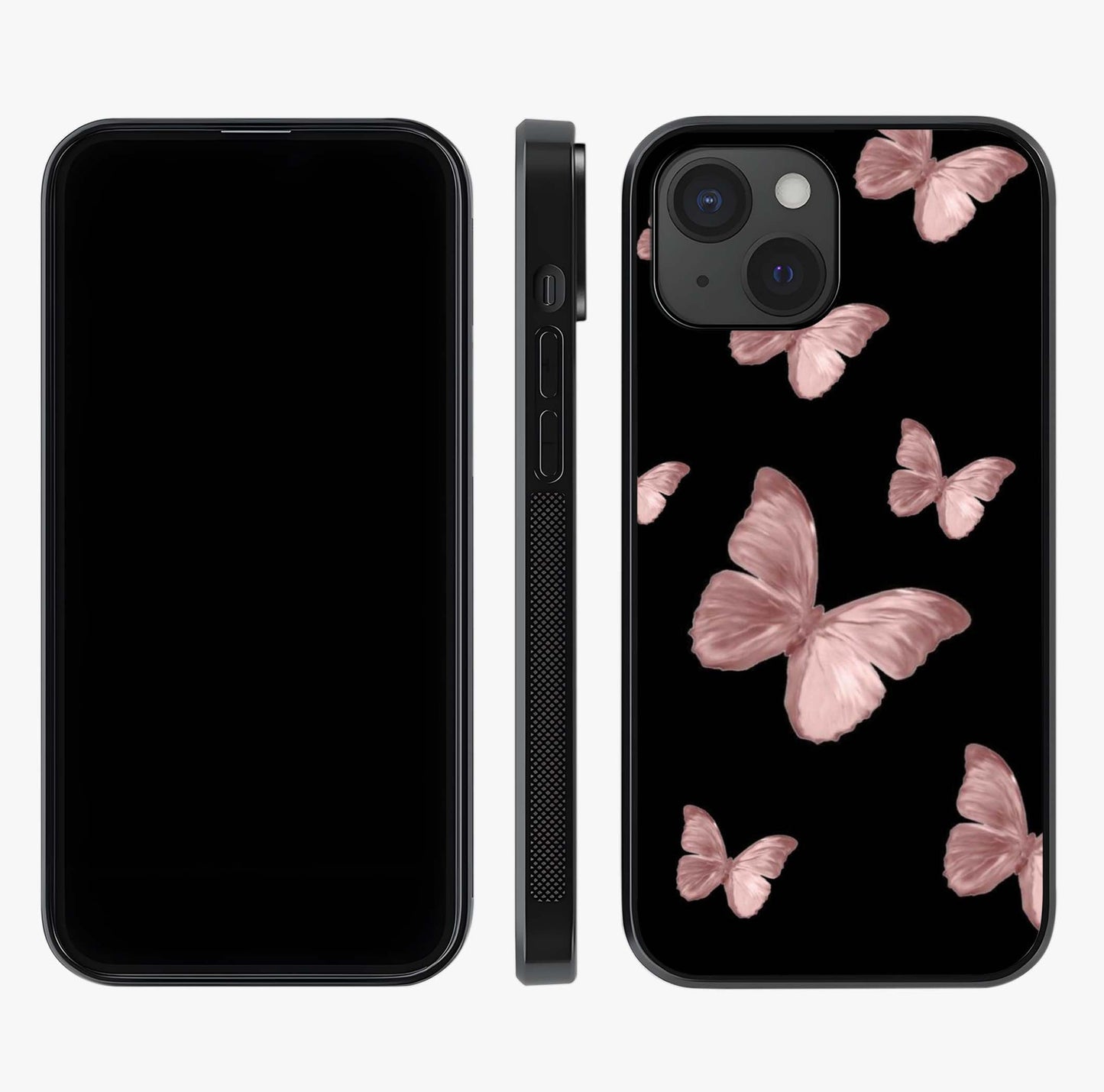 Butterfly Pattern Glass Case displayed upright for full design visibility and premium finish.