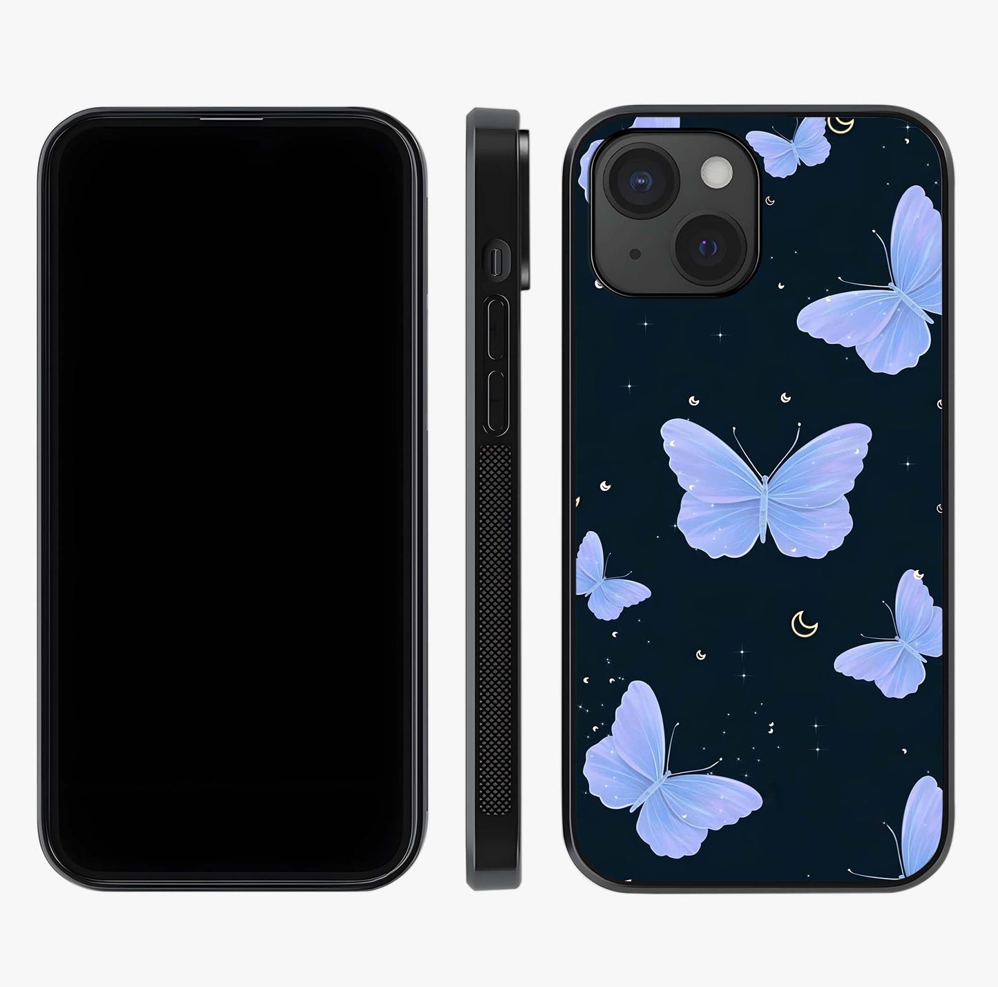 Butterfly With Stars Pattern Glass Case displayed upright for full design visibility and premium finish.