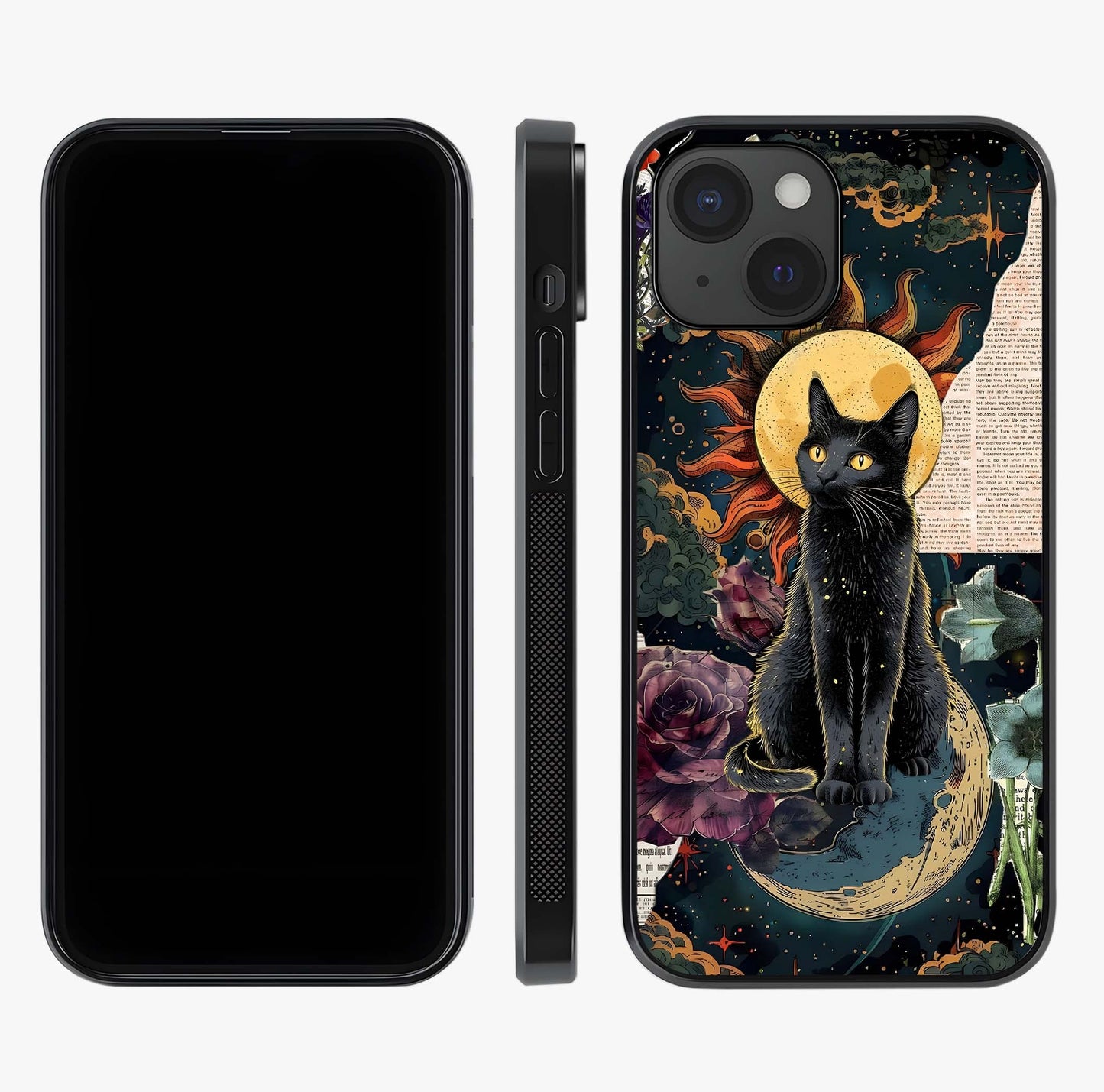 Celestial Black Cat Glass Case displayed upright for full design visibility and premium finish.
