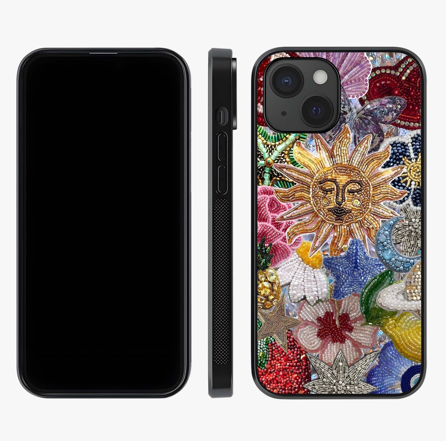 Celestial Floral And Playful Glass Case displayed upright for full design visibility and premium finish.