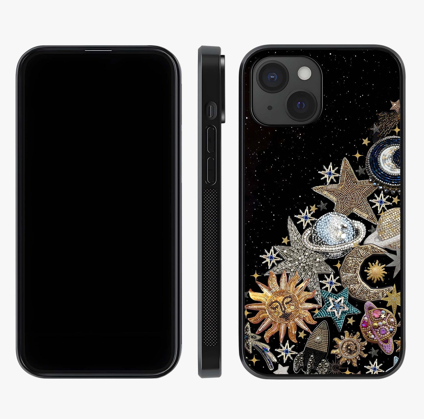 Cosmic Sparkle Dreams Glass Case displayed upright for full design visibility and premium finish.