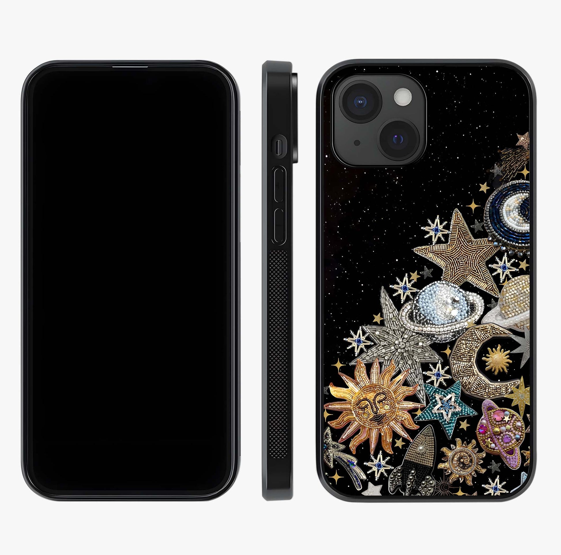 Cosmic Sparkle Dreams Glass Case displayed upright for full design visibility and premium finish.