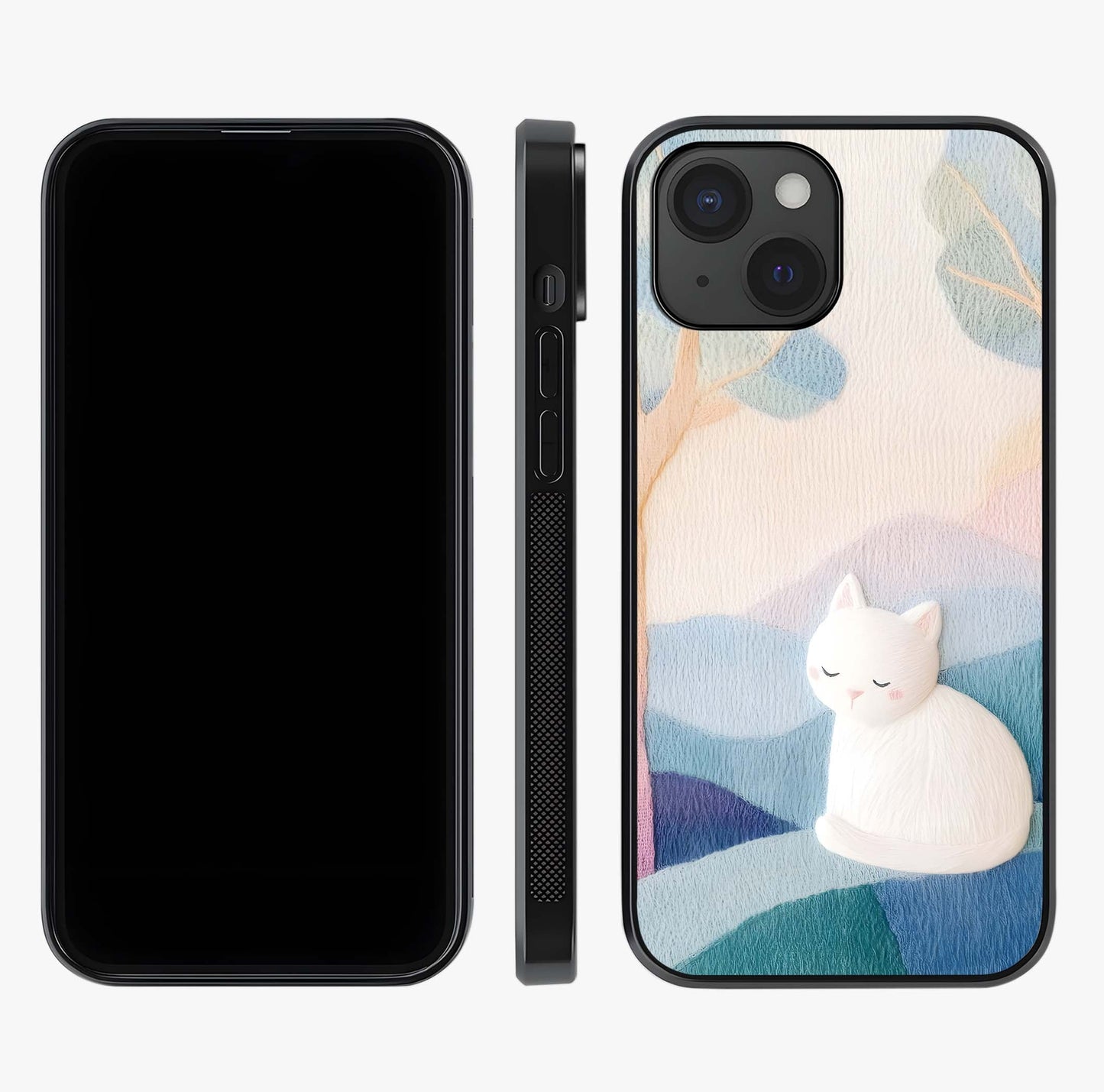 Cotton Dream Cat Glass Case displayed upright for full design visibility and premium finish.