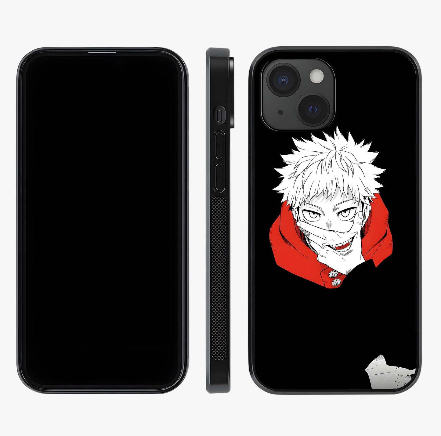 Crimson Chaos Smile Glass Case displayed upright for full design visibility and premium finish.