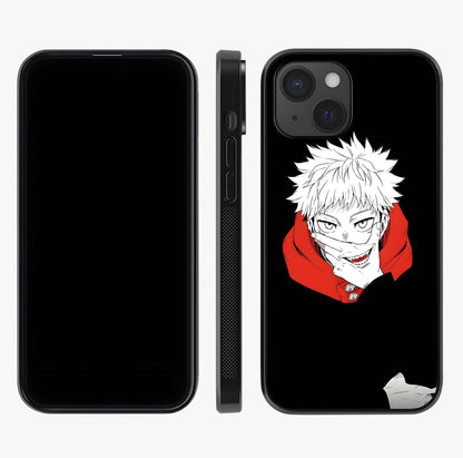 Crimson Chaos Smile Glass Case displayed upright for full design visibility and premium finish.