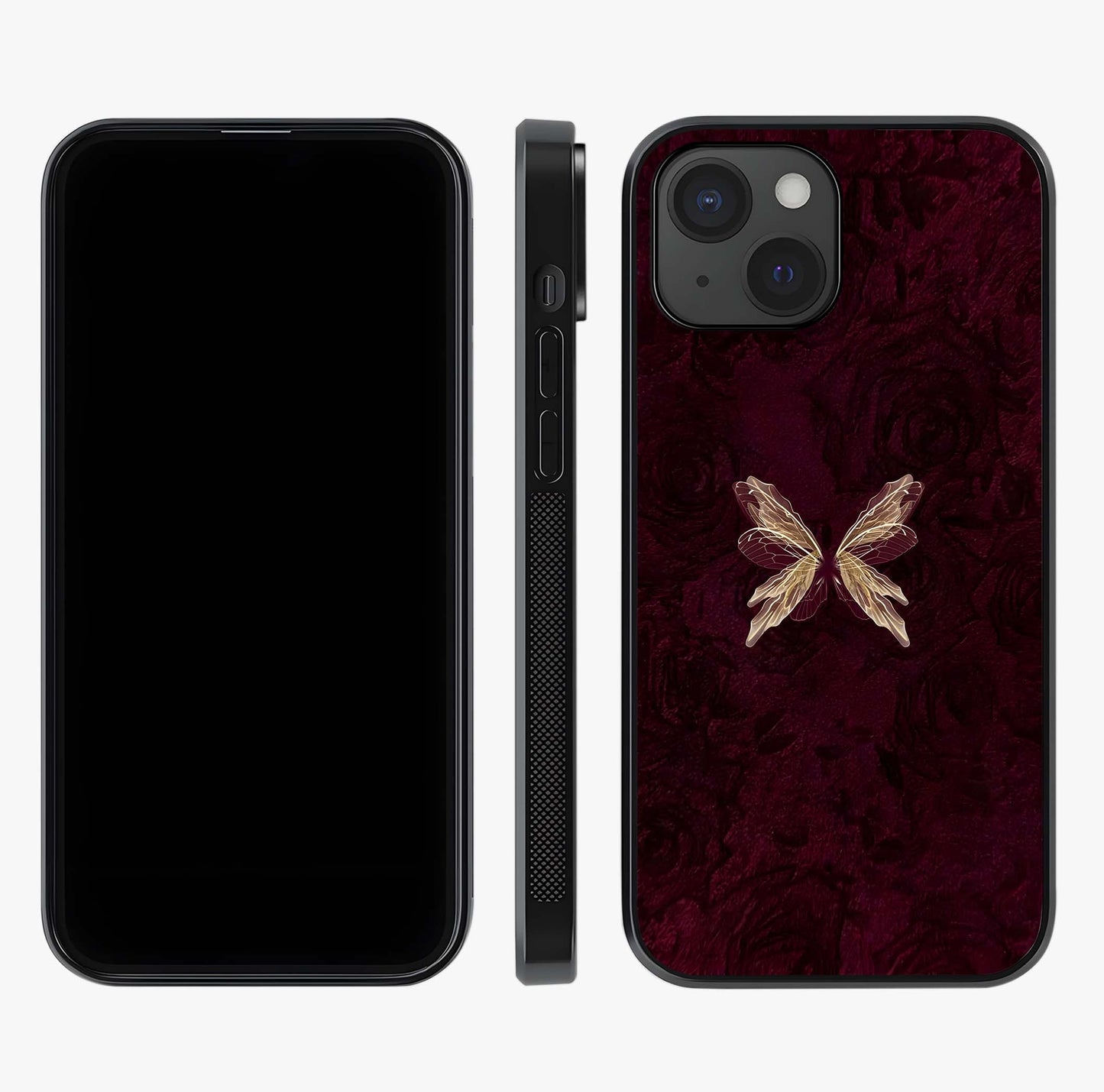 Crimson Fade Butterfly Glass Case displayed upright for full design visibility and premium finish.
