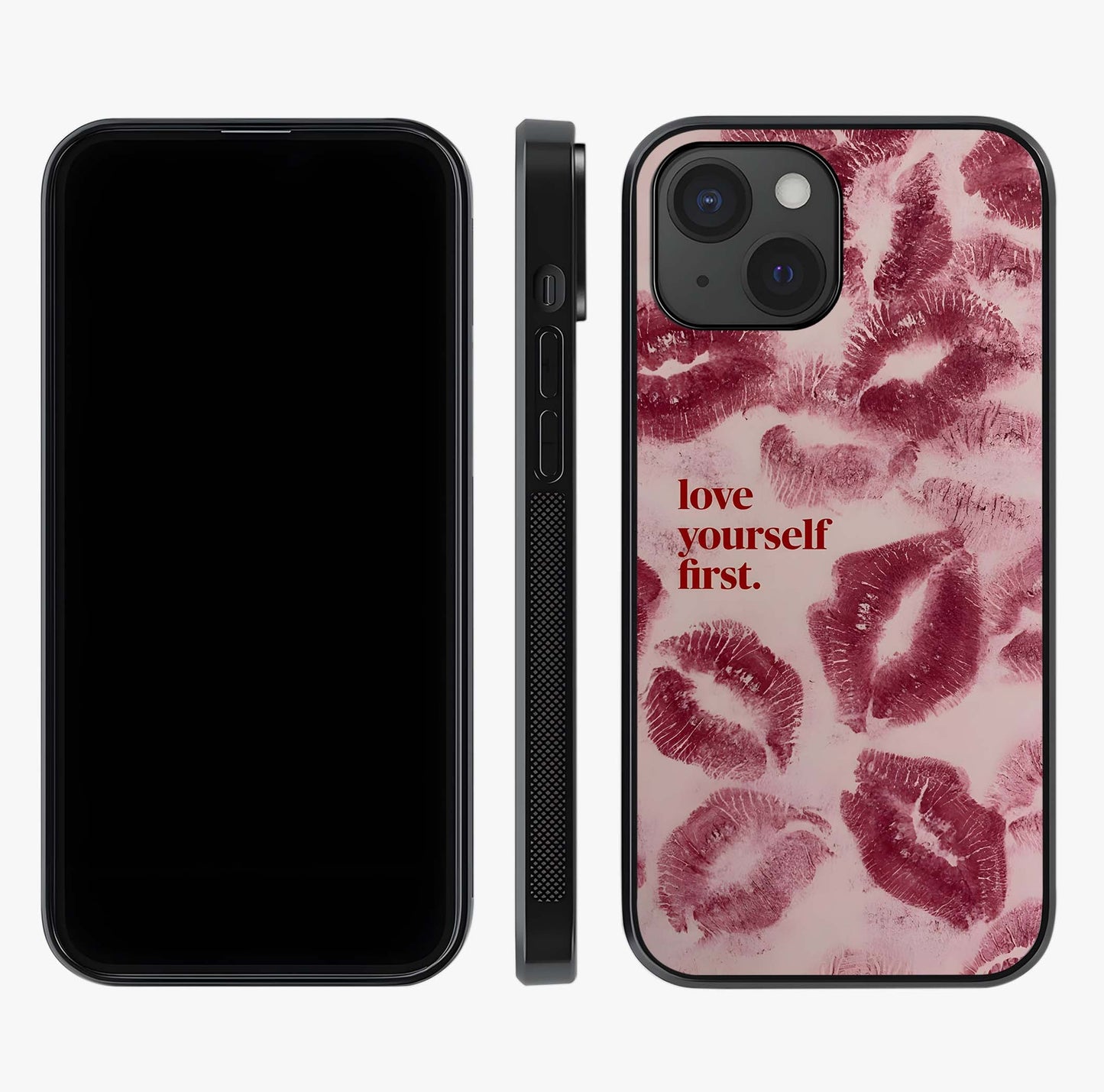 Crimson Kiss Love Glass Case displayed upright for full design visibility and premium finish.