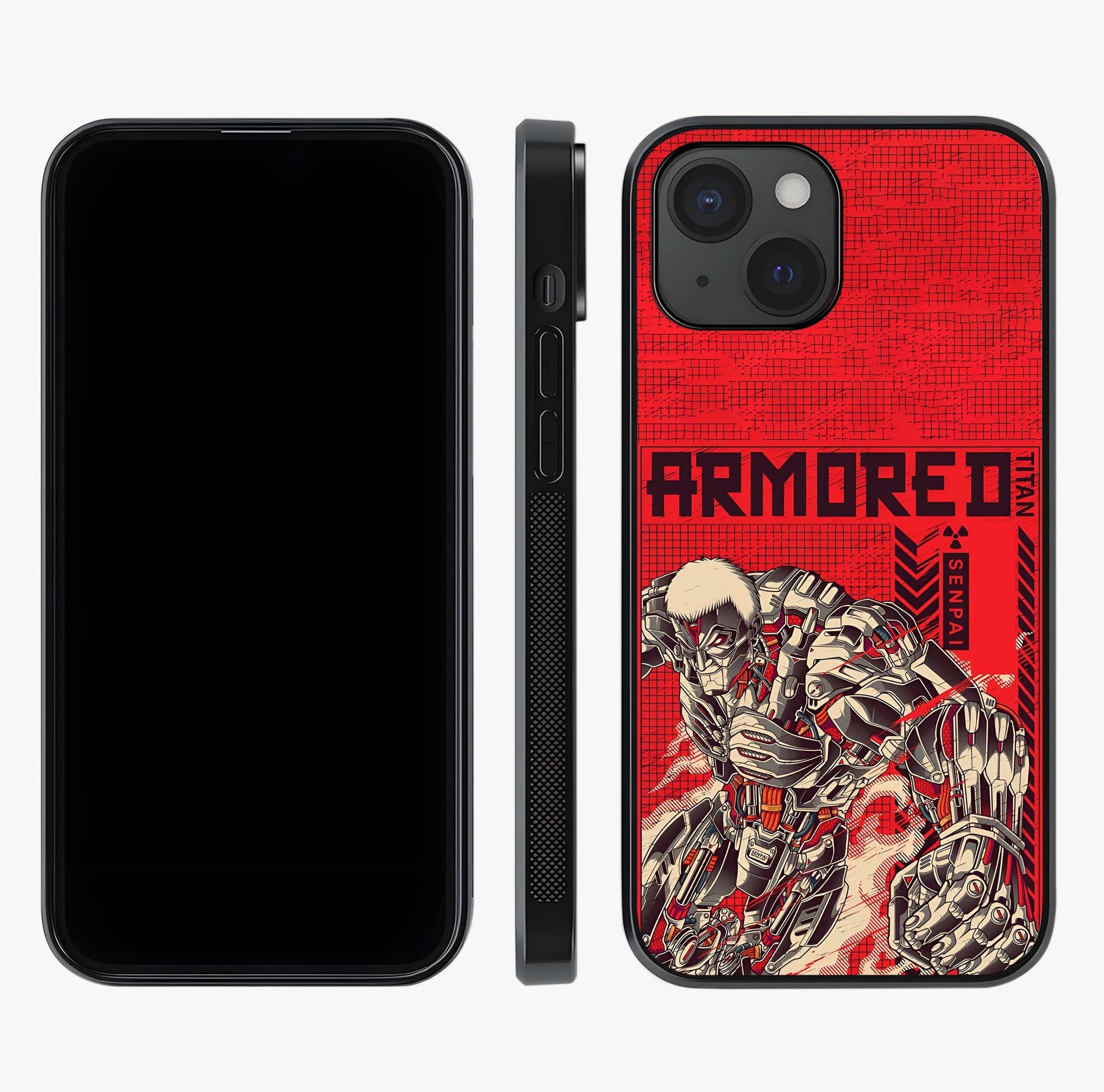 Crimson Mecha Titan Glass Case displayed upright for full design visibility and premium finish.