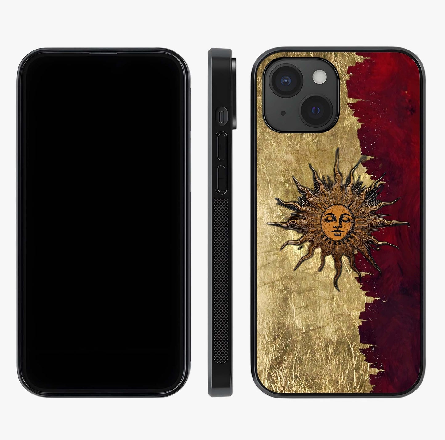 Crimson Sun Majesty Glass Case displayed upright for full design visibility and premium finish.