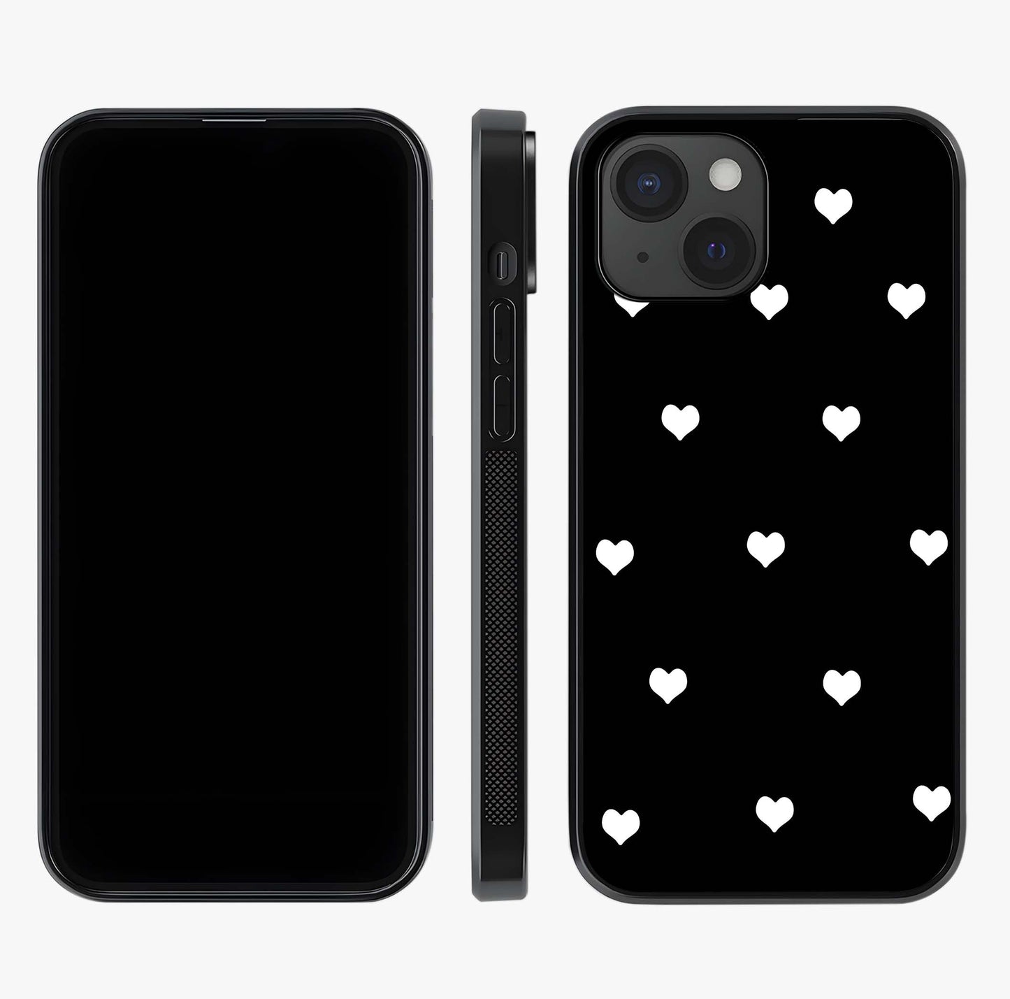 Cute And Simple White Hearts Glass Case displayed upright for full design visibility and premium finish.