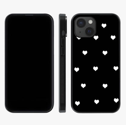 Cute And Simple White Hearts Glass Case displayed upright for full design visibility and premium finish.