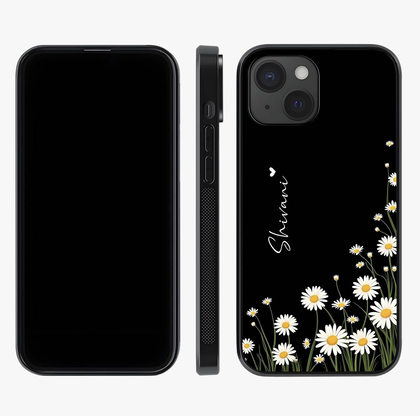 Daisy Cascade Custom Name Glass Case displayed upright for full design visibility and premium finish.