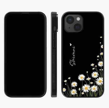 Daisy Cascade Custom Name Glass Case displayed upright for full design visibility and premium finish.