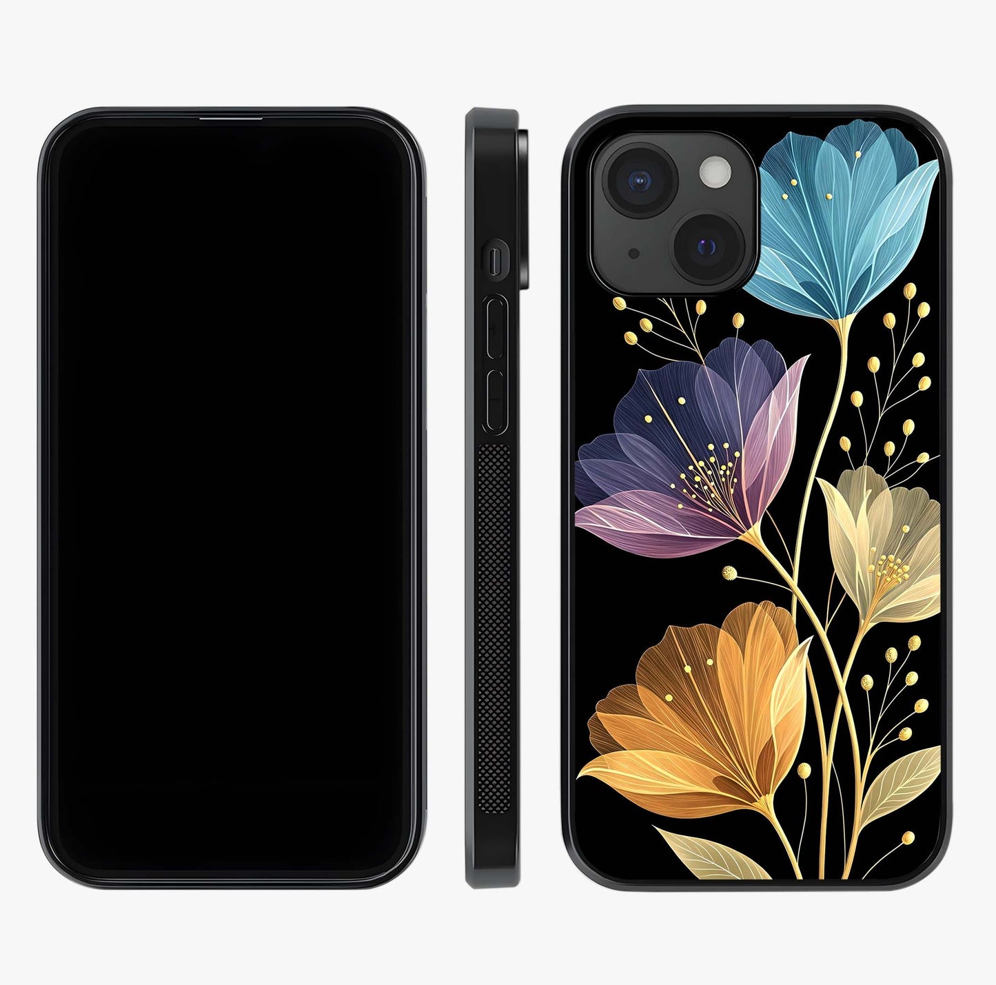 Delicate Multicolor Flowers Glass Case displayed upright for full design visibility and premium finish.