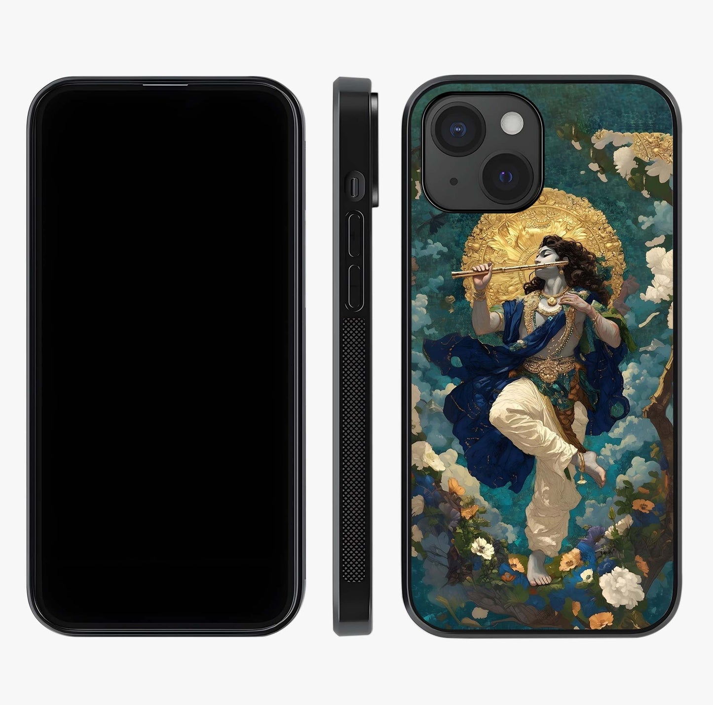Divine Krishna Art Glass Case displayed upright for full design visibility and premium finish.